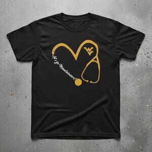 WVU Nurse Let's Go Mountaineers Stethoscope Heart Black Graphic Tee
